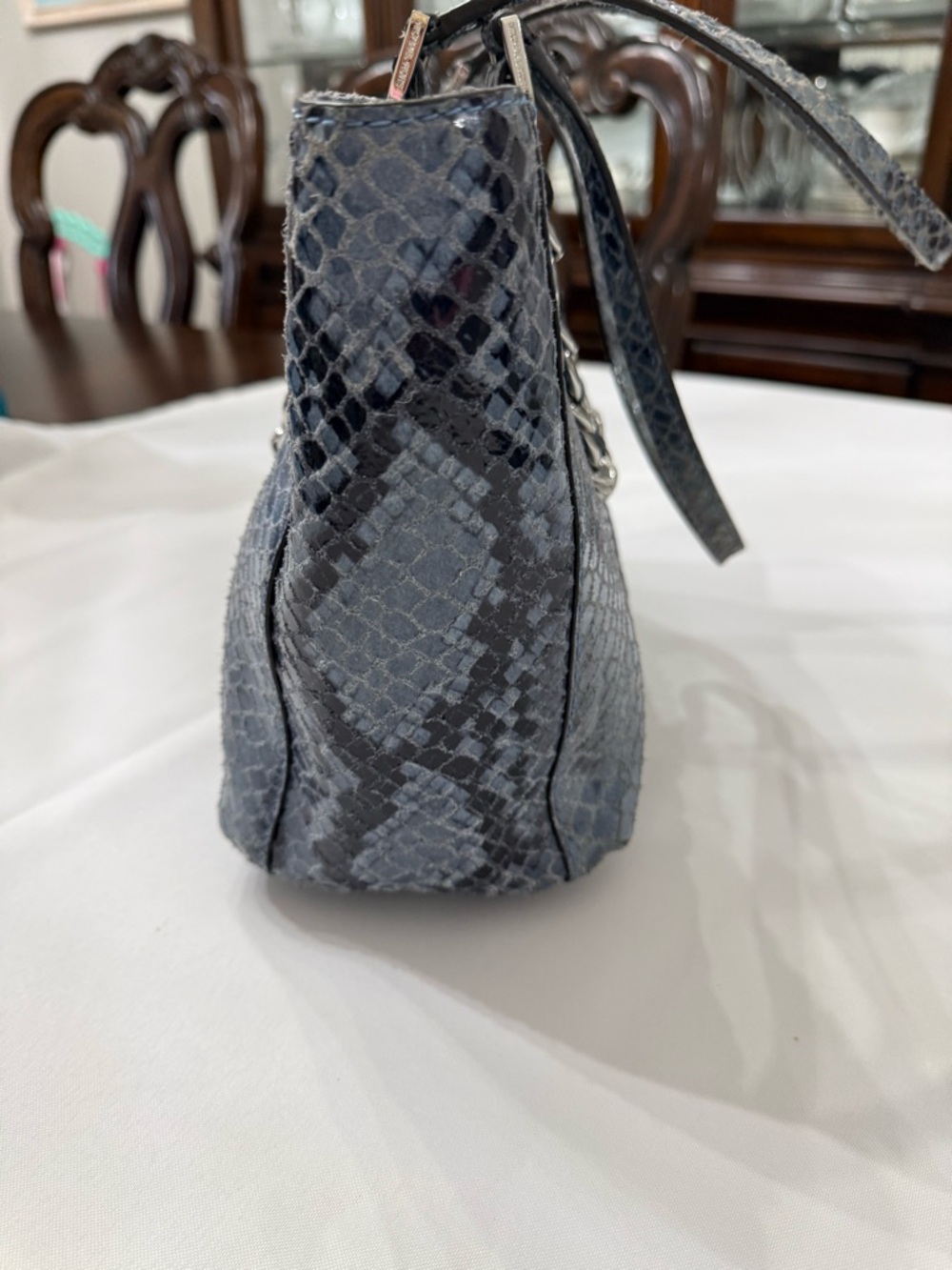 Michael Kors Gray-Blue Snake-Print Tote with Chain Handles - Picture 3 of 6